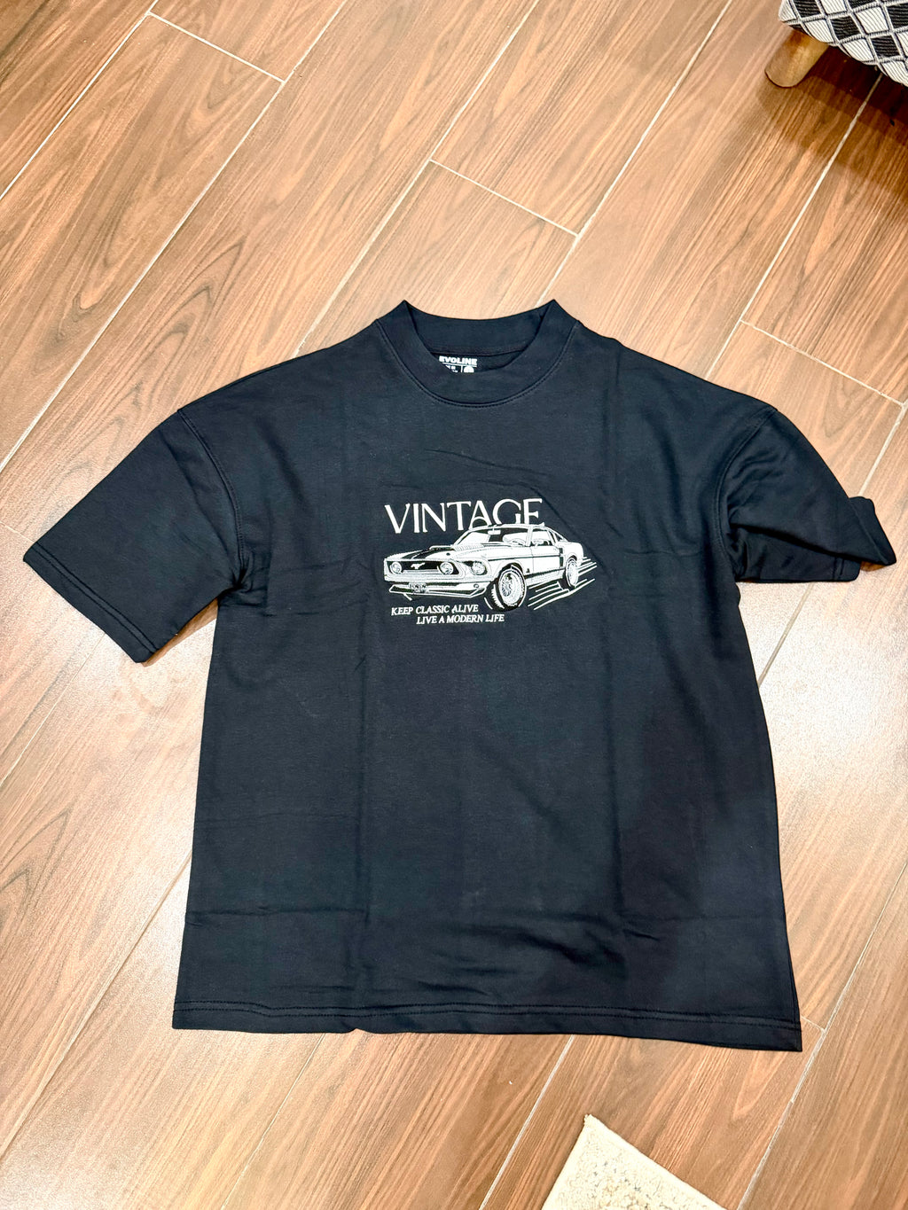 Black Vintage Mustang Oversized Embroidered Tee – Midnight