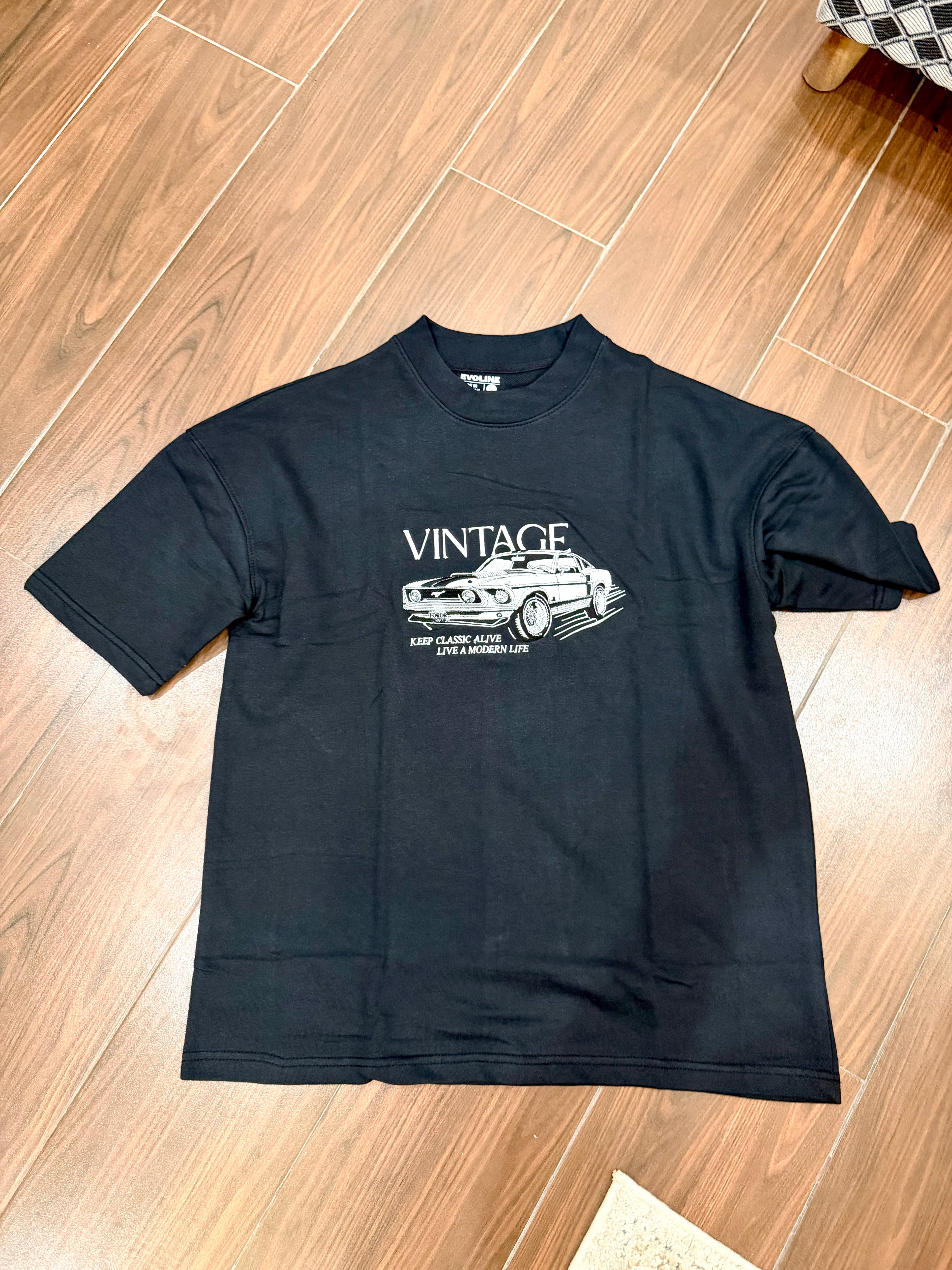 Black Vintage Mustang Oversized Embroidered Tee – Midnight